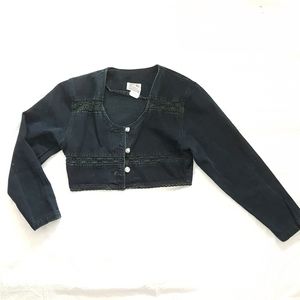80s Cropped Lace Trim Black Denim Jacket Vintage